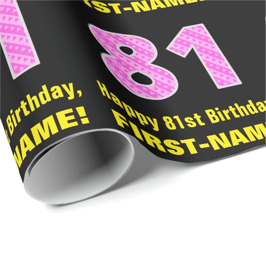 81e verjaardag: Roze strepen en harten "81" + Naam Cadeaupapier (Rol Hoek)