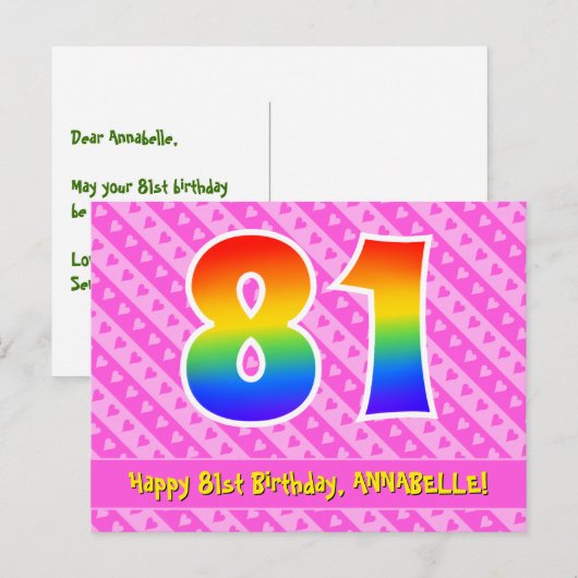 81e verjaardag: Roze strepen & harten, Regenboog 8 Briefkaart (Voorkant / Achterkant)