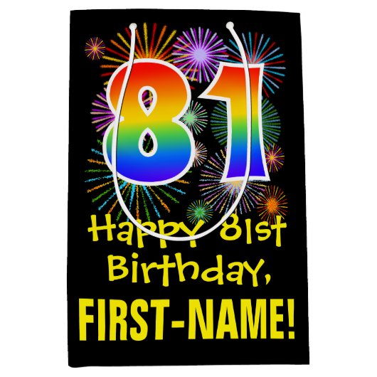 81e verjaardag: Vuurwerk Fun Pattern + Regenboog 8 Medium Cadeauzakje (Voorkant)