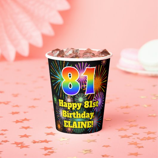 81e verjaardag: Vuurwerk Fun Pattern + Regenboog 8 Papieren Bekers (Insitu)