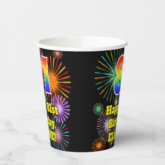 81e verjaardag: Vuurwerk Fun Pattern + Regenboog 8 Papieren Bekers (Links)