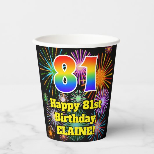81e verjaardag: Vuurwerk Fun Pattern + Regenboog 8 Papieren Bekers (Voorkant)