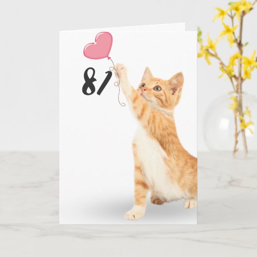 81e verjaardagstablet, kat met hartballon kaart (Gele Bloem)