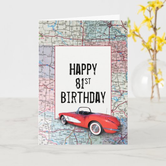 81ste Birthday Retro Corvette op Kaart (Gele Bloem)