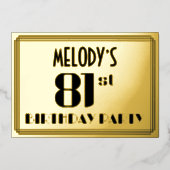 81ste verjaardag: Art Deco Kijk "81" en naam Folie Uitnodiging (Voorkant)