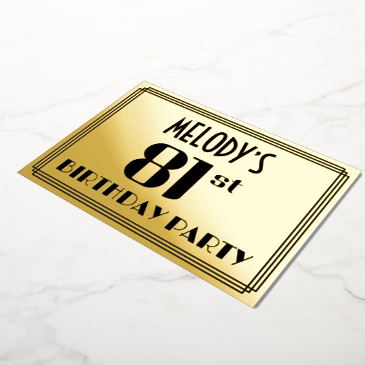 81ste verjaardag: Art Deco Kijk "81" en naam Folie Uitnodiging (Gedraaid)