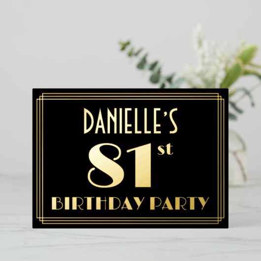 81ste verjaardag: Art Deco Kijk "81", met naam Folie Uitnodiging (Staand Voorkant)