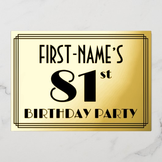 81ste verjaardag — Art Deco look "81" + Naam Folie Uitnodiging (Voorkant)