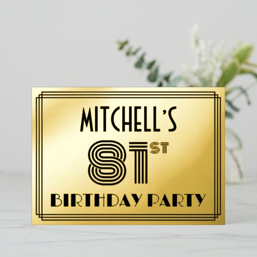 81ste verjaardag — Art Deco Style "81" & naam Folie Uitnodiging (Staand Voorkant)