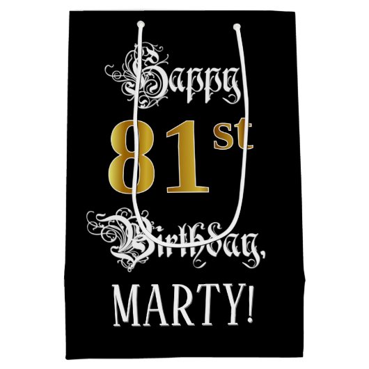 81ste verjaardag ~ Fancy script; Faux Gold look; n Medium Cadeauzakje (Achterkant)