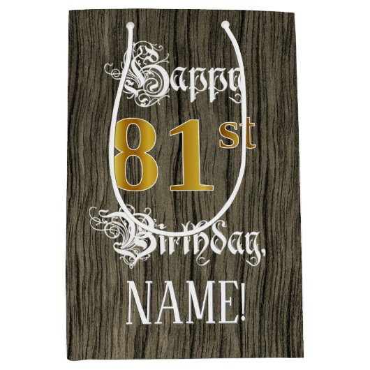 81ste verjaardag: Faux Gold look & Faux Wood Patte Medium Cadeauzakje (Voorkant)