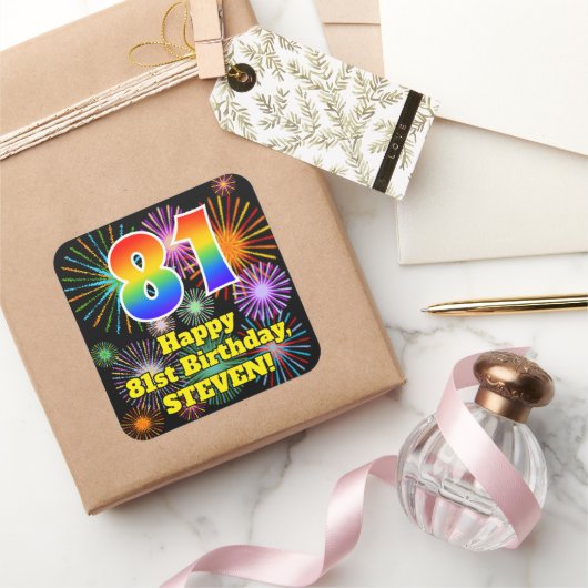 81ste verjaardag: Fun Fireworks Kijk, regenboog #  Vierkante Sticker (Geschenken)