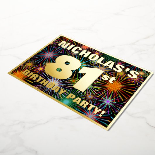 81ste verjaardag — Fun, kleurrijke Fireworks-look Folie Uitnodiging (Gedraaid)