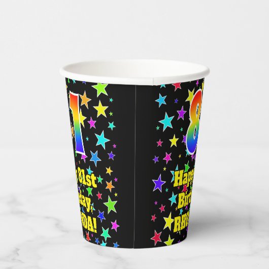 81ste verjaardag: Fun Stars Pattern en Rainbow 81 Papieren Bekers (Rechts)