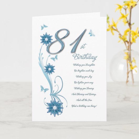 81ste verjaardag in blauwgroen met bloemen en vlin kaart (Gele Bloem)