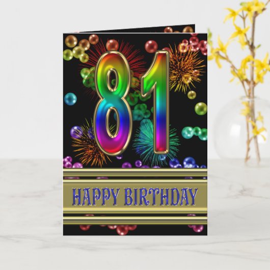 81ste verjaardag met regenboogbellen en vuurwerk kaart (Gele Bloem)