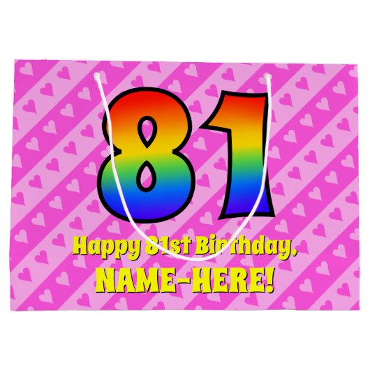 81ste verjaardag: roze strepen & harten, regenboog groot cadeauzakje (Achterkant)