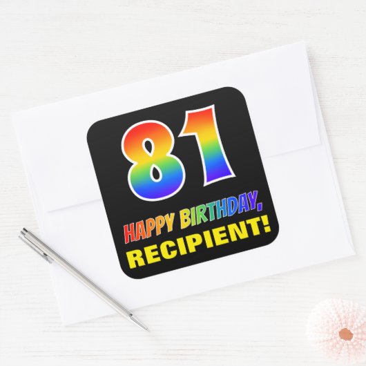 81ste verjaardag: Vet, Vun, Eenvoudig, Regenboog 8 Vierkante Sticker (Envelop)