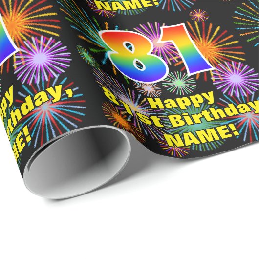81ste verjaardag: vuurwerk, regenboogblik # "81" cadeaupapier (Rol Hoek)
