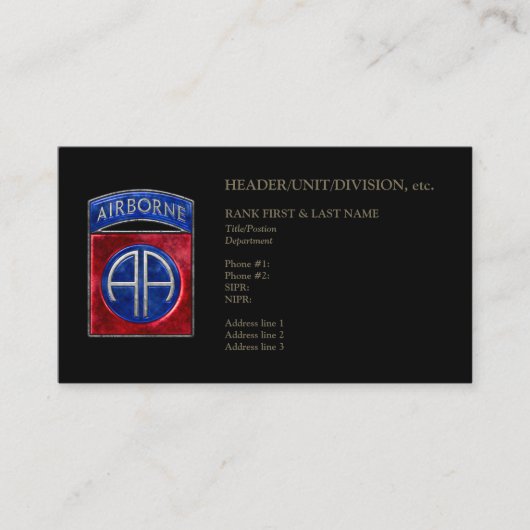 82e Airborne  Zwart Visitekaartje (Voorkant)