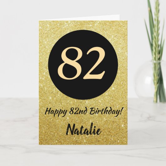82e Happy Birthday Black en Gold Glitter Card Kaart (Voorkant)