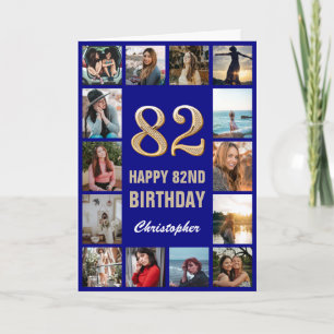 82e Happy Birthday Navy Blue & Gold Photo Collage Kaart