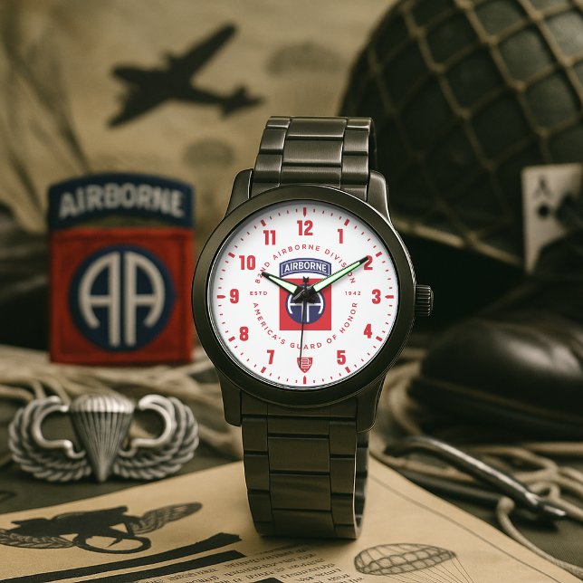 82e Luchtlandingsdivisie Tribute RVS Horloge (82nd Airborne Division "America's Guard of Honor" Veteran Tribute Black Stainless Steel Watch)