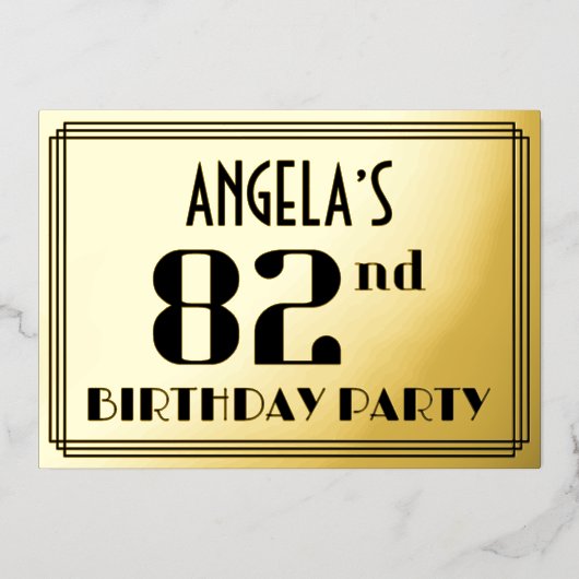 82e verjaardag: Art Deco Kijk "82" en naam Folie Uitnodiging (Voorkant)