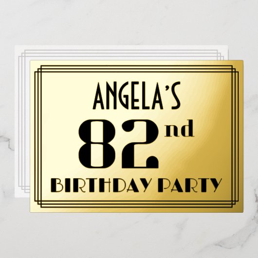 82e verjaardag: Art Deco Kijk "82" en naam Folie Uitnodiging (Voorkant / Achterkant)