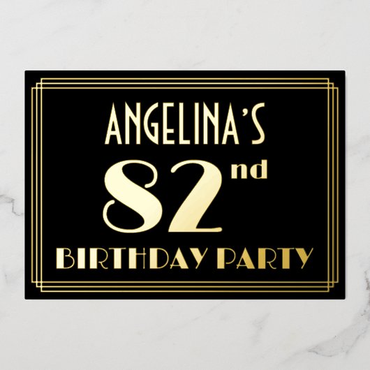 82e verjaardag: Art Deco Kijk "82", met naam Folie Uitnodiging (Voorkant)