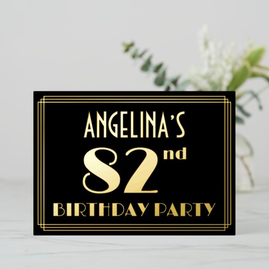 82e verjaardag: Art Deco Kijk "82", met naam Folie Uitnodiging (Staand Voorkant)