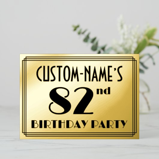 82e verjaardag — Art Deco look "82" + Naam Folie Uitnodiging (Staand Voorkant)