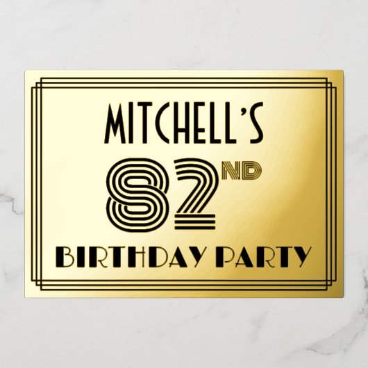 82e verjaardag — Art Deco Style "82" en naam Folie Uitnodiging (Voorkant)