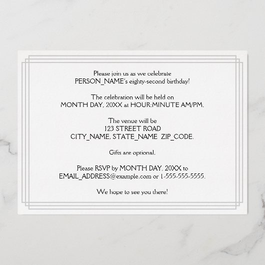 82e verjaardag — Art Deco Style "82" en naam Folie Uitnodiging (Achterkant)