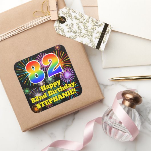 82e verjaardag: Fun Fireworks Kijk, regenboog # 82 Vierkante Sticker (Geschenken)
