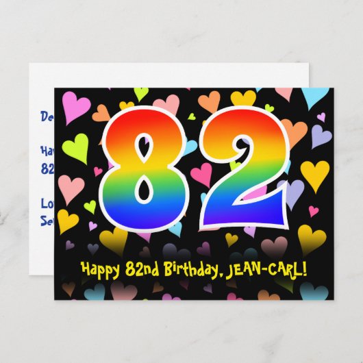 82e verjaardag: Fun Hearts Pattern, Rainbow 82 Briefkaart (Voorkant / Achterkant)
