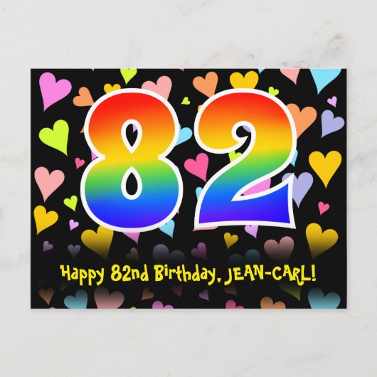 82e verjaardag: Fun Hearts Pattern, Rainbow 82 Briefkaart (Voorkant)
