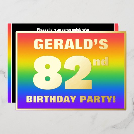 82e verjaardag: Fun, kleurrijk regenboogpatroon Folie Uitnodiging (Voorkant / Achterkant)