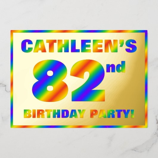 82e verjaardag - Fun, regenboogspectrum "82" Folie Uitnodiging (Voorkant)