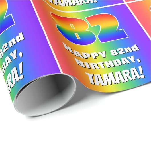 82e verjaardag: kleurrijk, vun regenboogpatroon #  cadeaupapier (Rol Hoek)