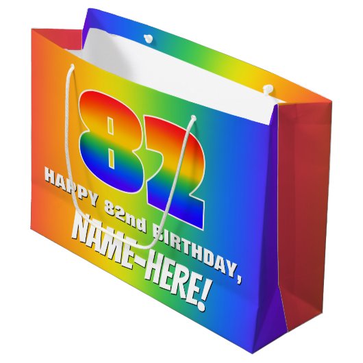 82e verjaardag: kleurrijk, vun regenboogpatroon # groot cadeauzakje (Voorkant Gekanteld)