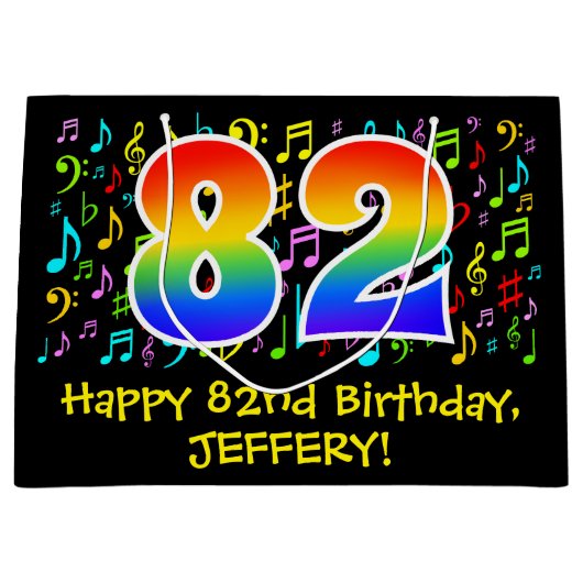 82e verjaardag - Kleurrijke muzieksymbolen, Rainbo Groot Cadeauzakje (Voorkant)