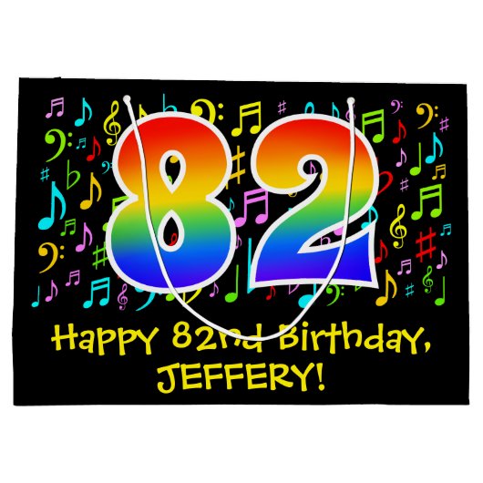 82e verjaardag - Kleurrijke muzieksymbolen, Rainbo Groot Cadeauzakje (Achterkant)