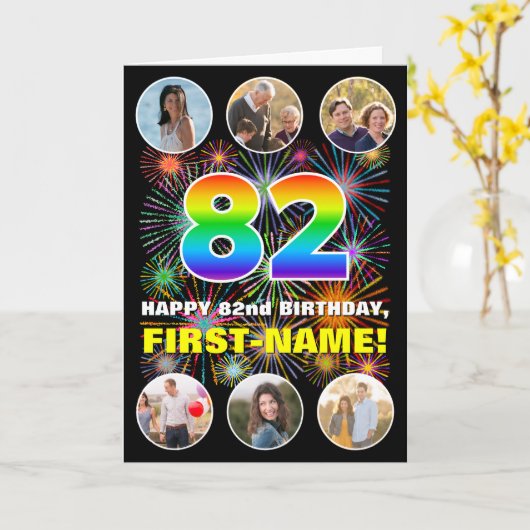 82e verjaardag: Leuke regenboog #, Aangepaste naam Kaart (Gele Bloem)