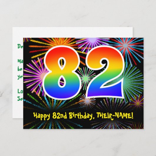 82e Verjaardag – Leuke Vuurwerk Patroon + Regenboo Briefkaart (Voorkant / Achterkant)