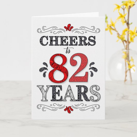 82e verjaardag Proost in rood wit zwart patroon Kaart (Gele Bloem)