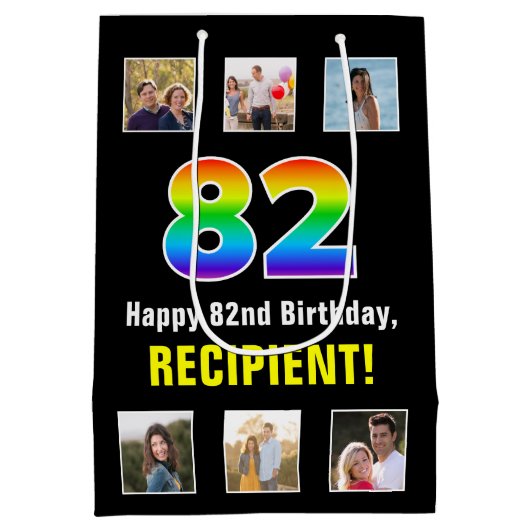 82e verjaardag: Regenboog "82", aangepaste foto's  Medium Cadeauzakje (Achterkant)
