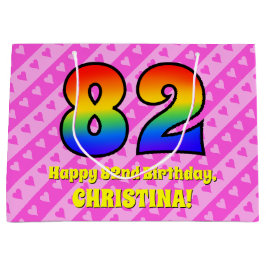 82e verjaardag: Roze strips & harten, regenboognr. Groot Cadeauzakje