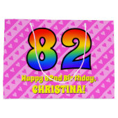 82e verjaardag: Roze strips & harten, regenboognr. Groot Cadeauzakje (Achterkant)