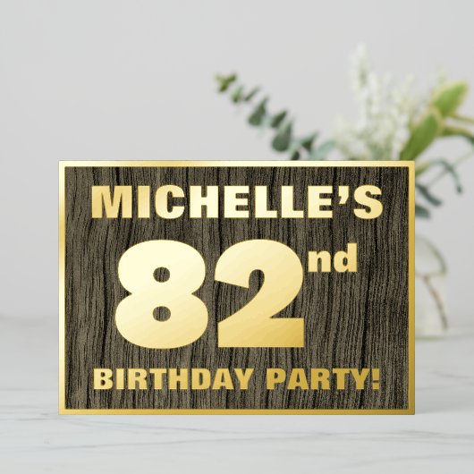 82e verjaardag: Vet, Faux Hood Grain Pattern Folie Uitnodiging (Staand Voorkant)